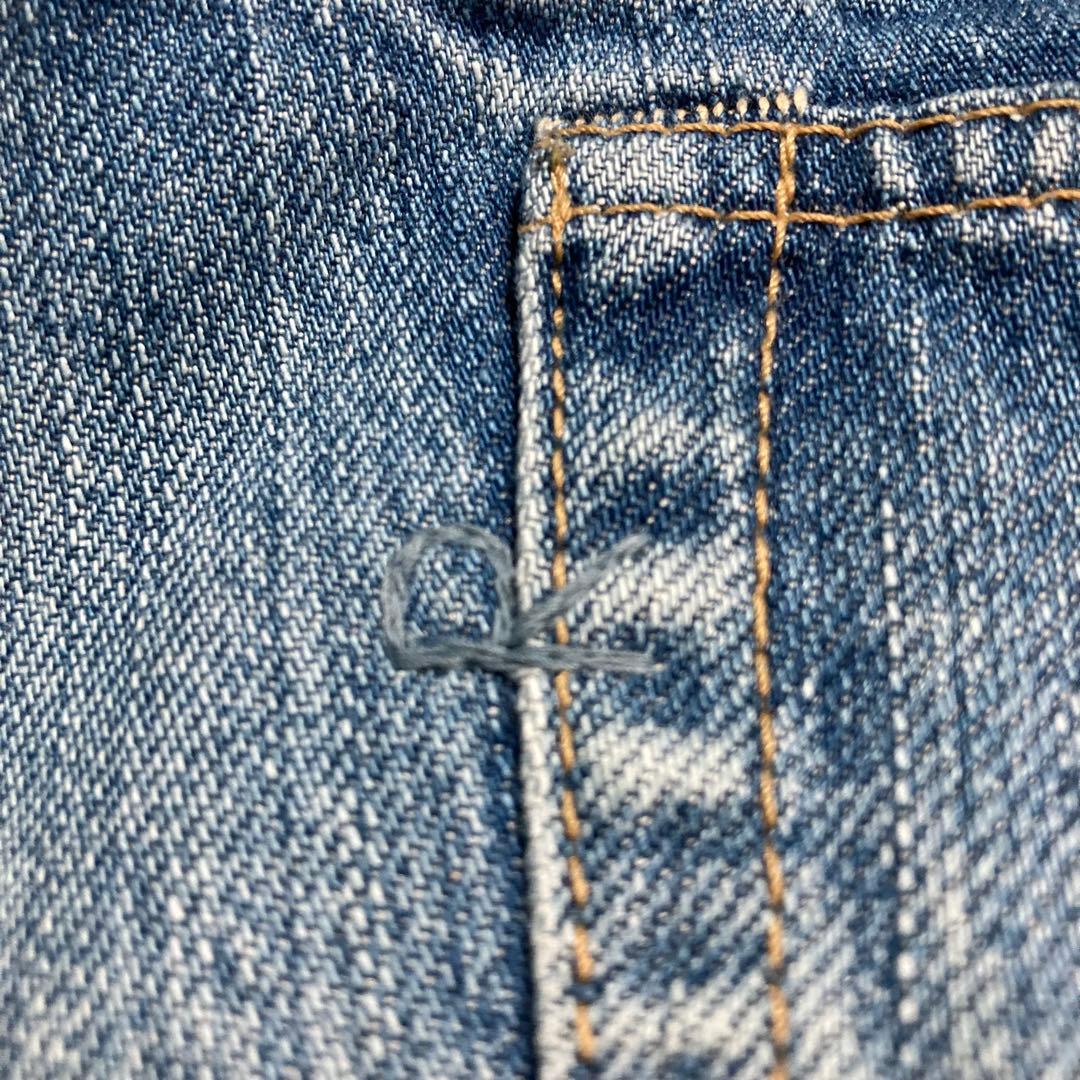 現行★45R ライ麦デニムのクロスオーバーパンツ 淡 革パッチ カットオフ 28