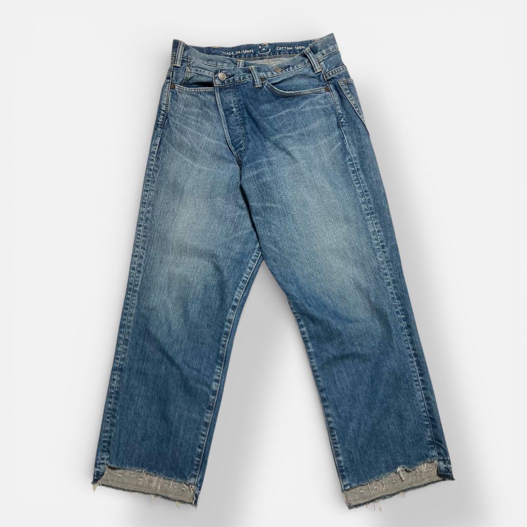 現行★45R ライ麦デニムのクロスオーバーパンツ 淡 革パッチ カットオフ 28