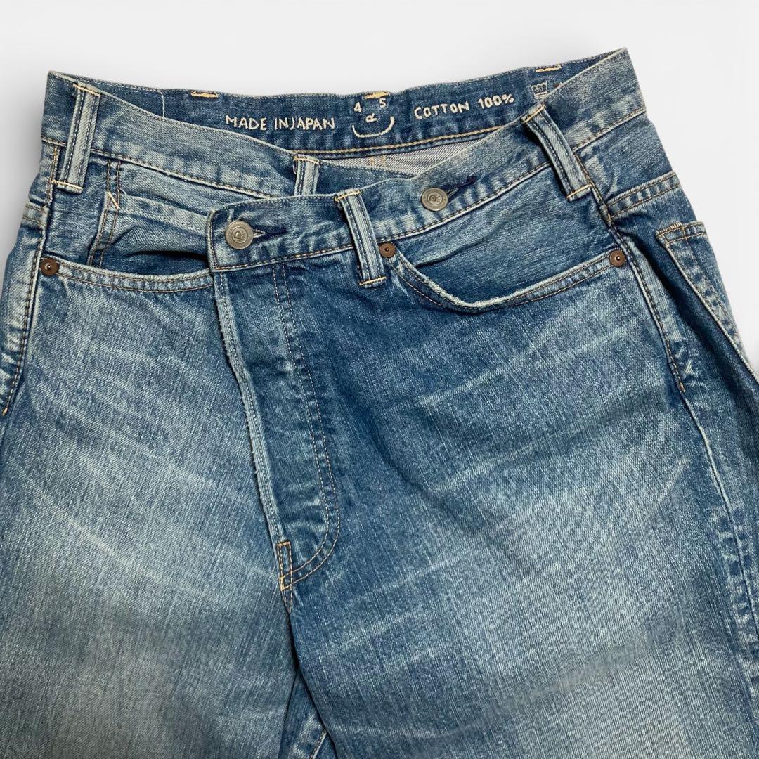 現行★45R ライ麦デニムのクロスオーバーパンツ 淡 革パッチ カットオフ 28