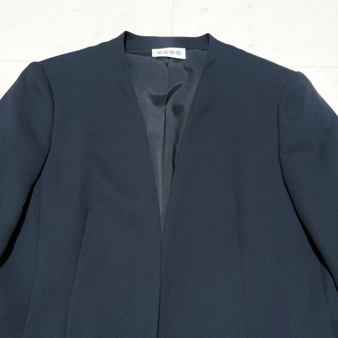 PLST パンツスーツセットアップ ノーカラージャケット ブラック Lサイズ