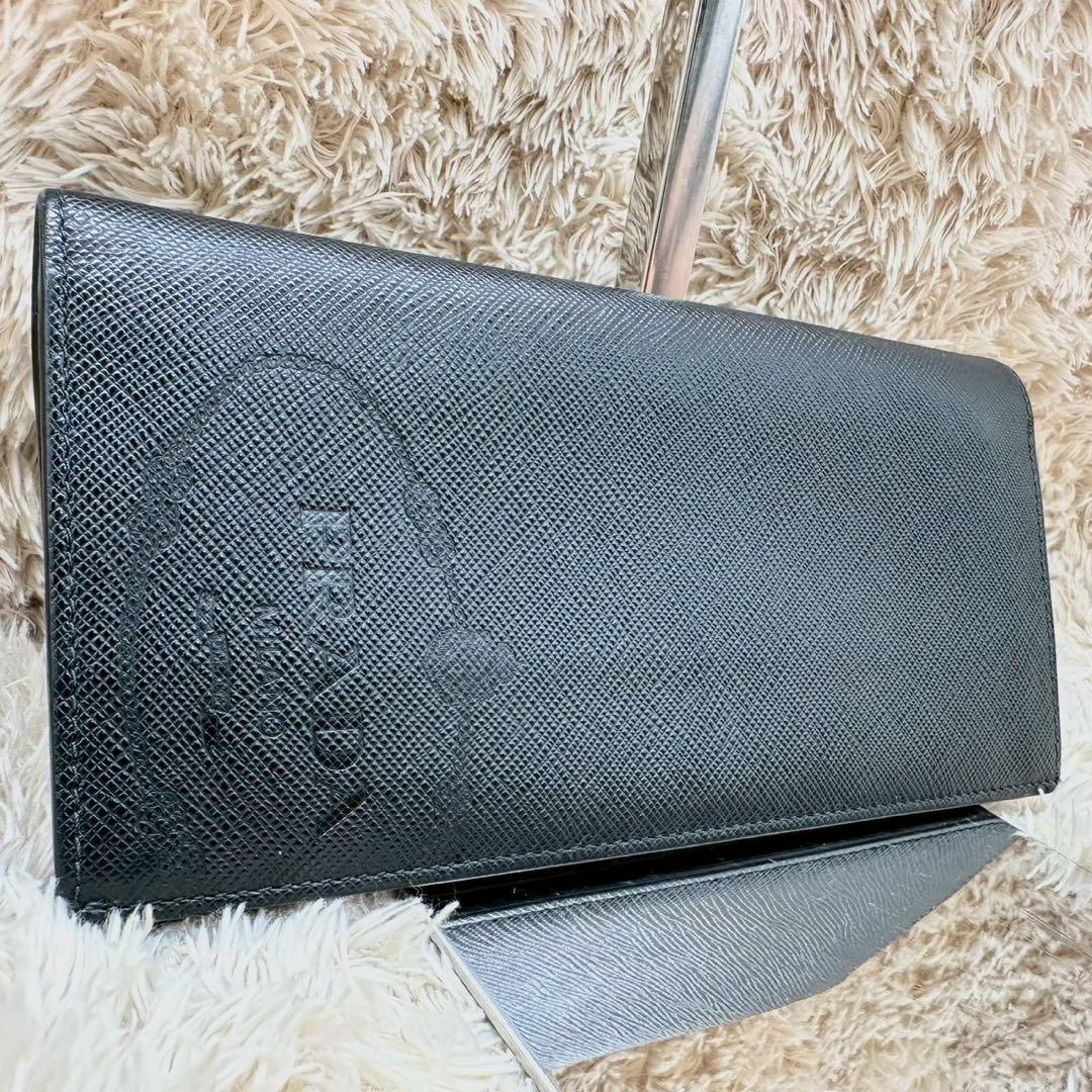 【極美品】プラダ 長財布 二つ折り財布 ブラック ジャガード サフィアーノ