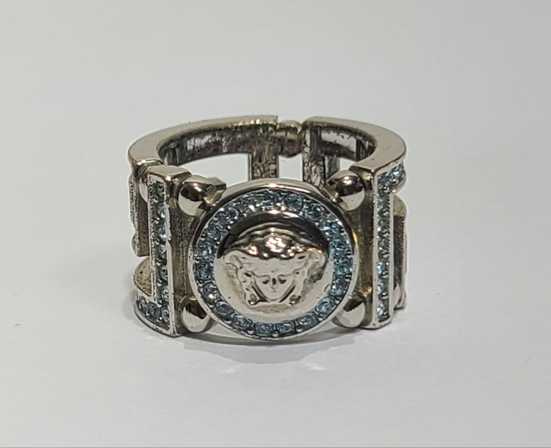 ヴェルサーチ　メデューサリング　ラインストーン　シルバー✕ブルー