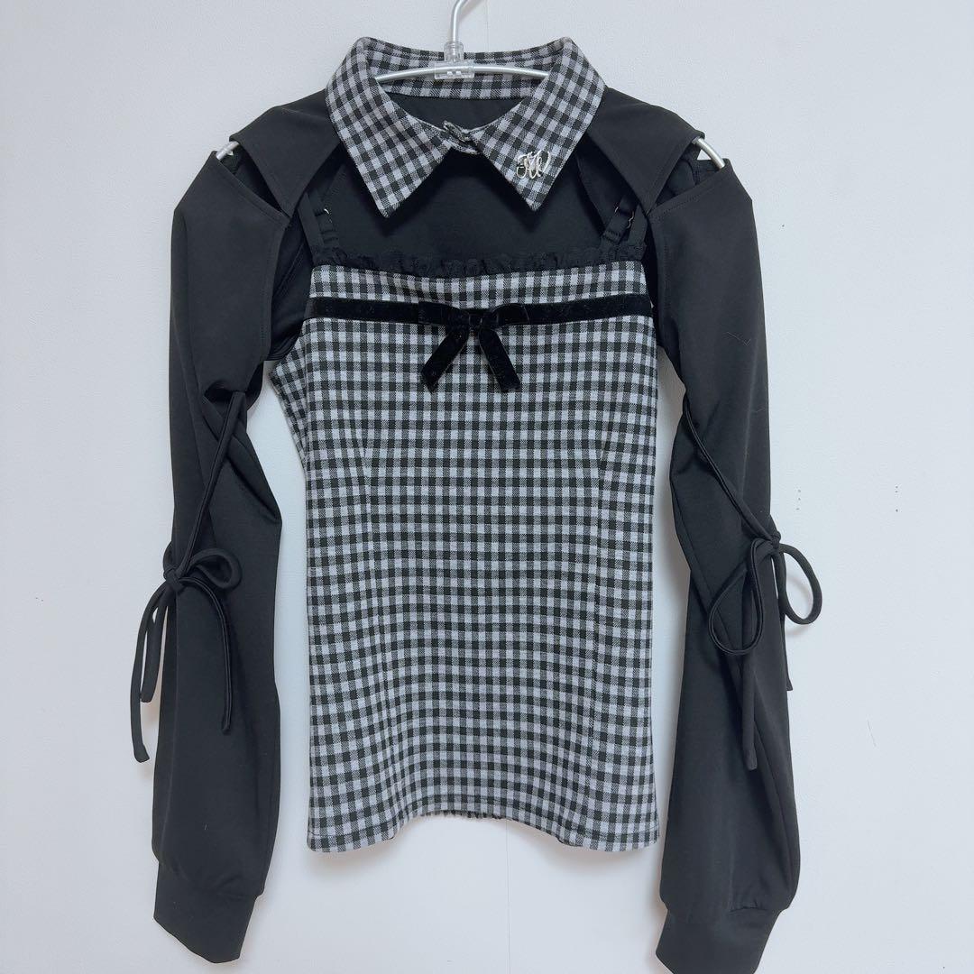 honey mew リボンスリットギンガムアンサンブルトップス ブラック