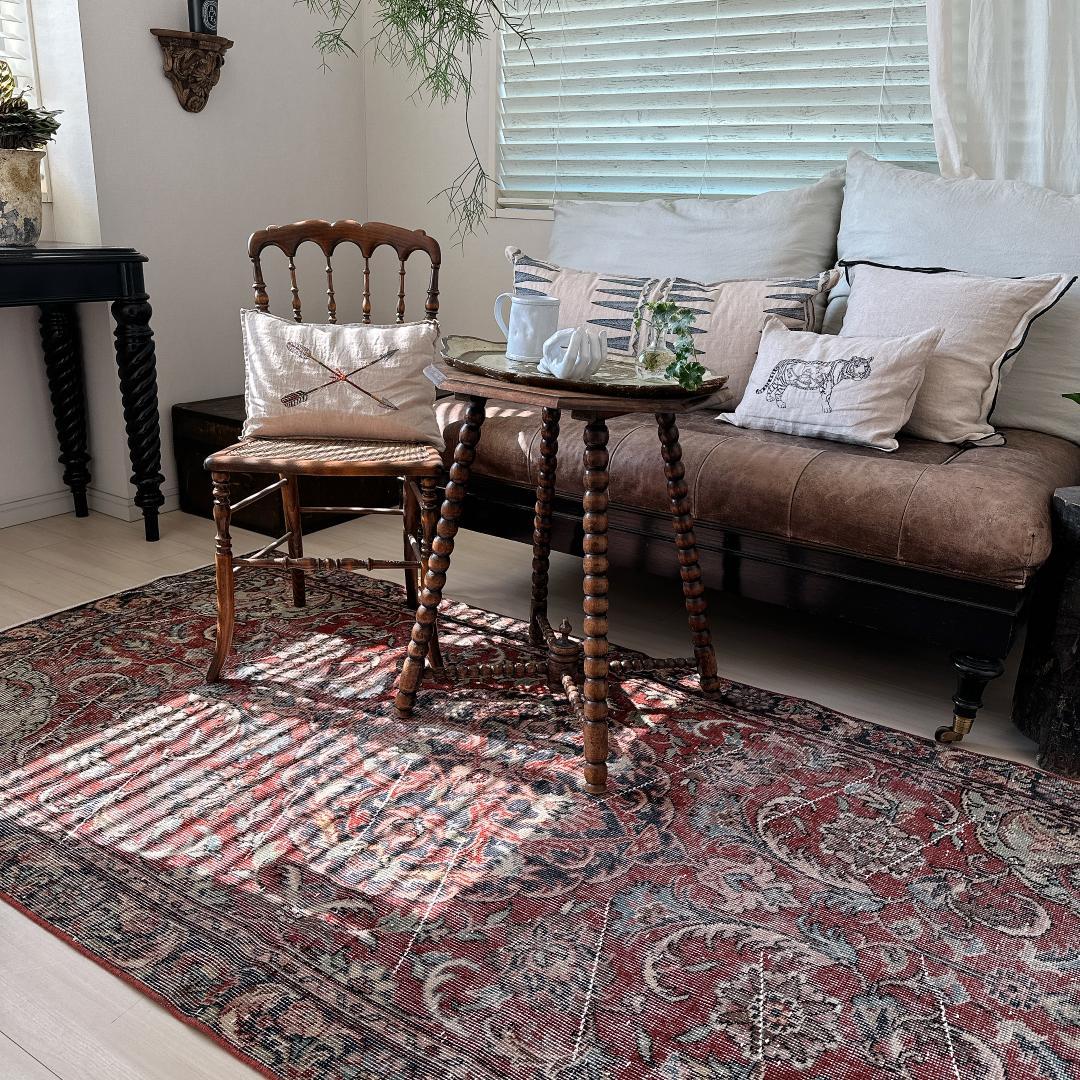 トルコヴィンテージラグ A67 ブラウンレッド ネイビー セージグリーン