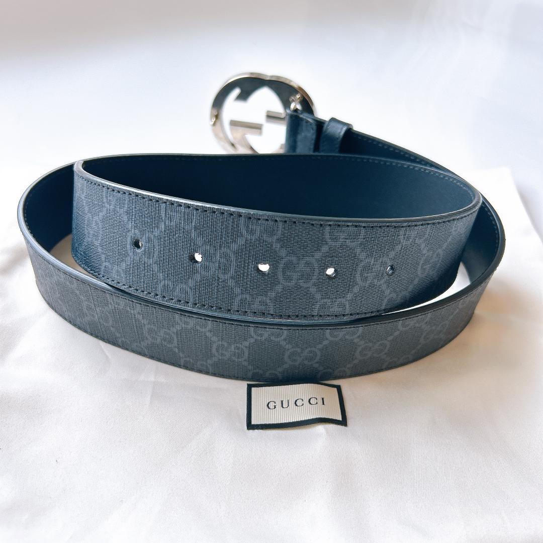 ほぼ未使用　グッチ　シマ インターロッキングG ベルト 85 GP×革 ブラック