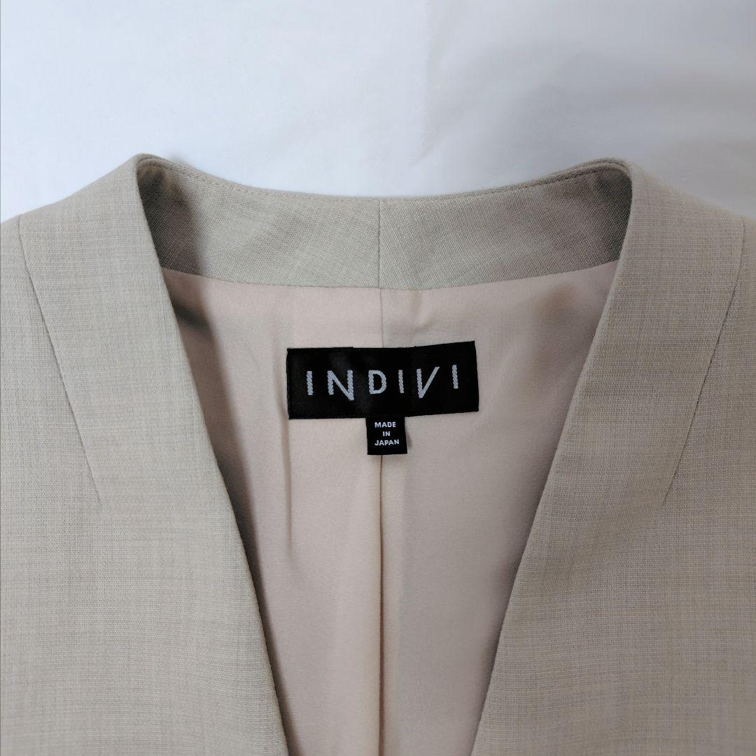 美品 INDIVI 洗える リバー 二重織 ノーカラー ジャケット セットアップ