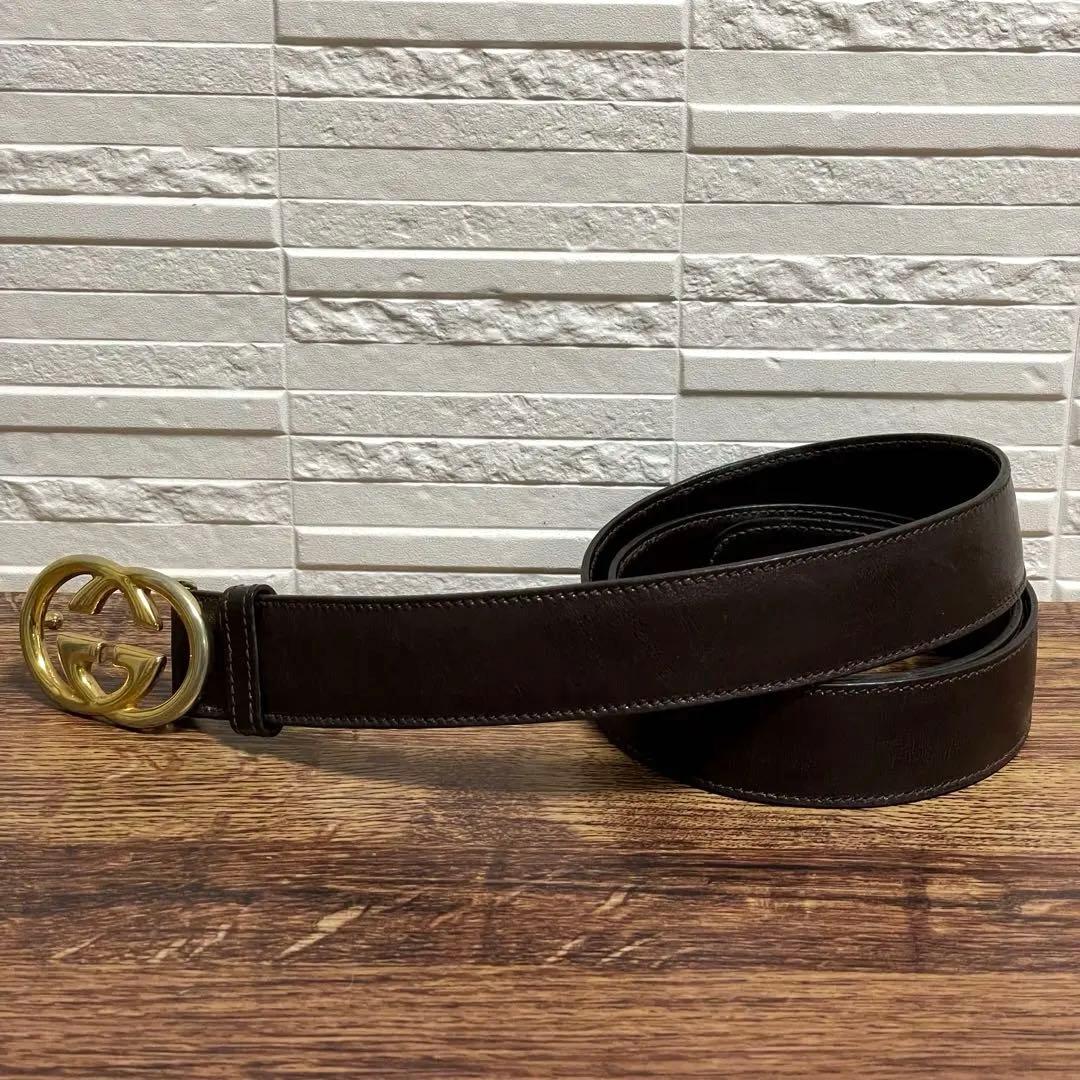 グッチ GG インターロッキング バックル ベルト レザー ゴールド ブラウン