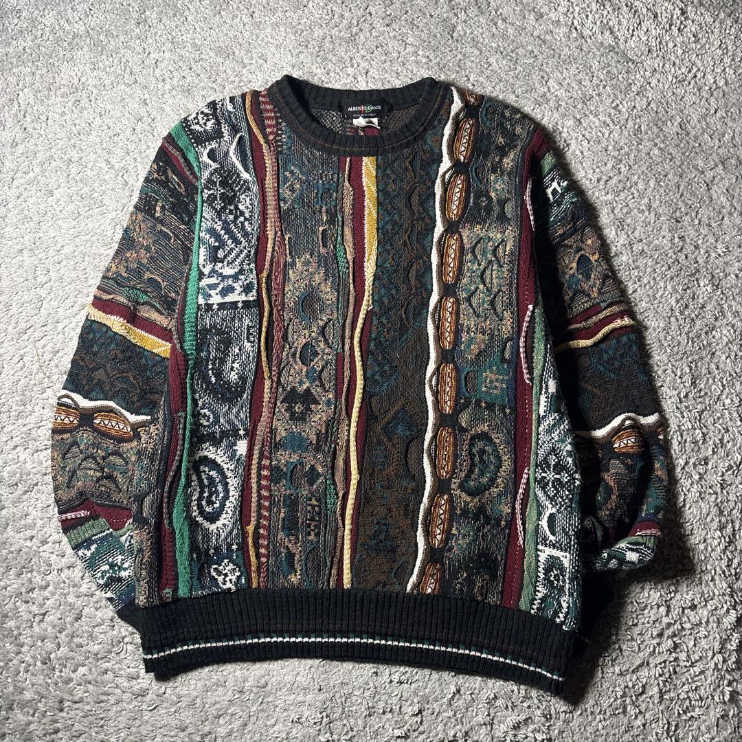 ヴィンテージ　3Dニット　クージー風　立体デザイン　マルチカラー　編み込み　古着