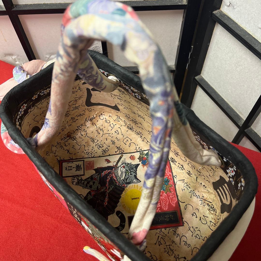 和猫 一閑張り バッグ かごバッグ ハンドバッグ 花 浮世絵 和柄 小さめ