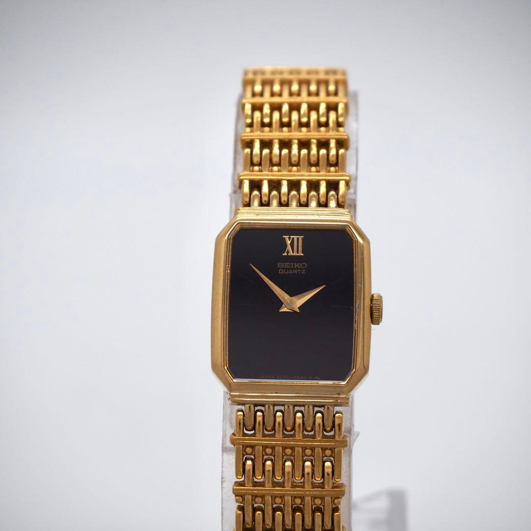 398 稼働【美品】SEIKO 時計　ブラック　ゴールド　スクエア　レディース