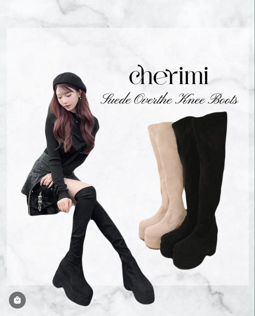 cherimi ブラック スエード オーバーザニー ブーツ