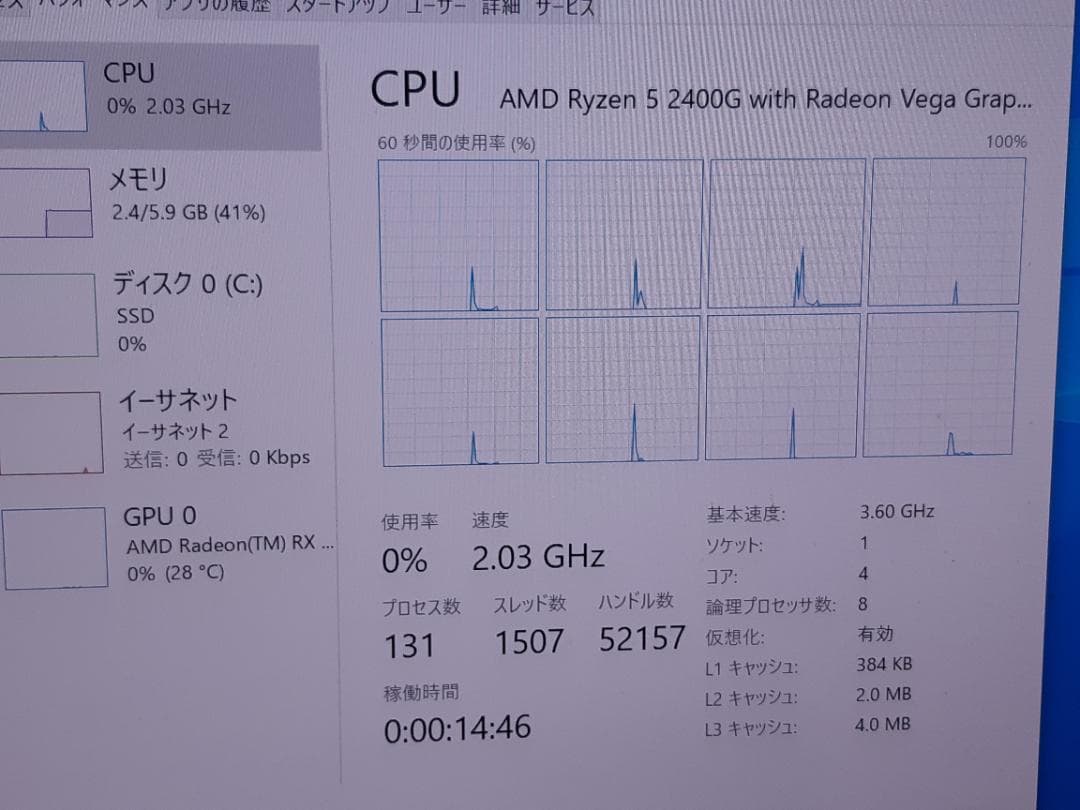 自作PC　RYZEN5 2400G・8GB・128GB・Win10Pro