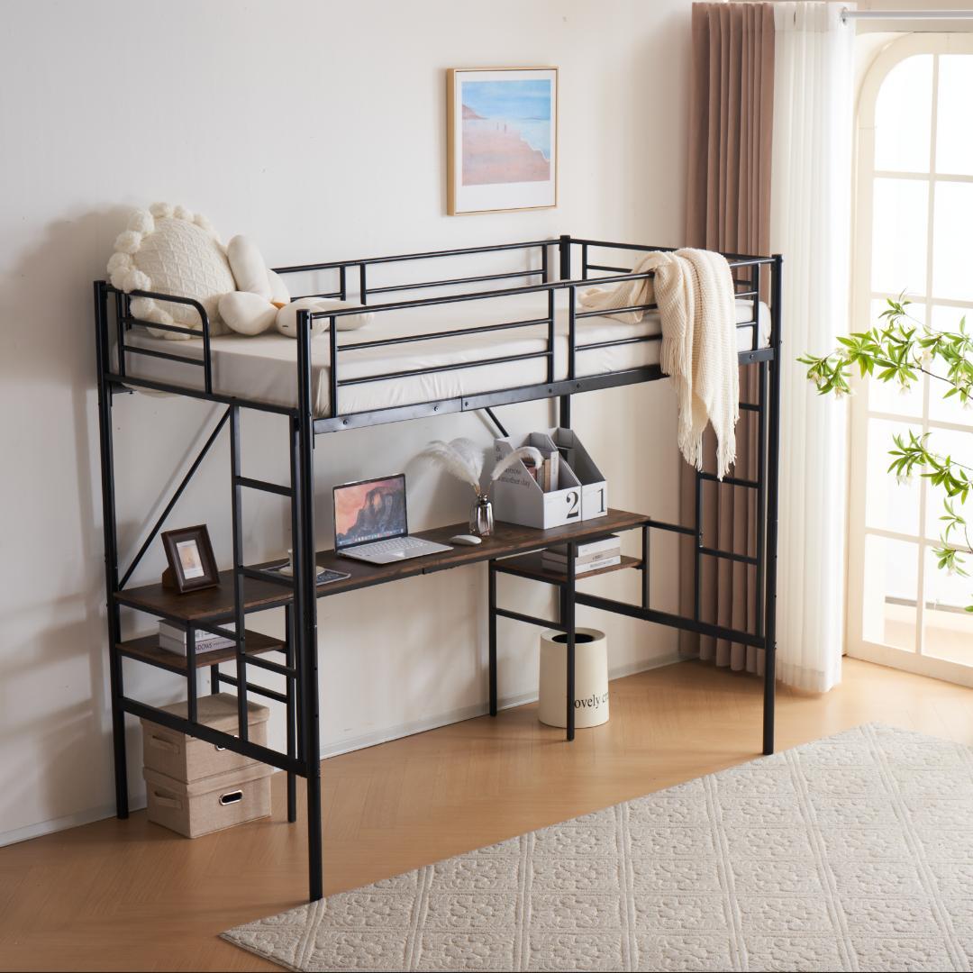 超人気！2COLORデスク付・ラック棚付きシステムベット耐荷重150kg　高機能