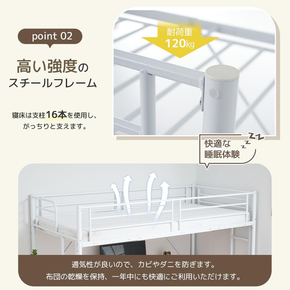 超人気！2COLORデスク付・ラック棚付きシステムベット耐荷重150kg　高機能