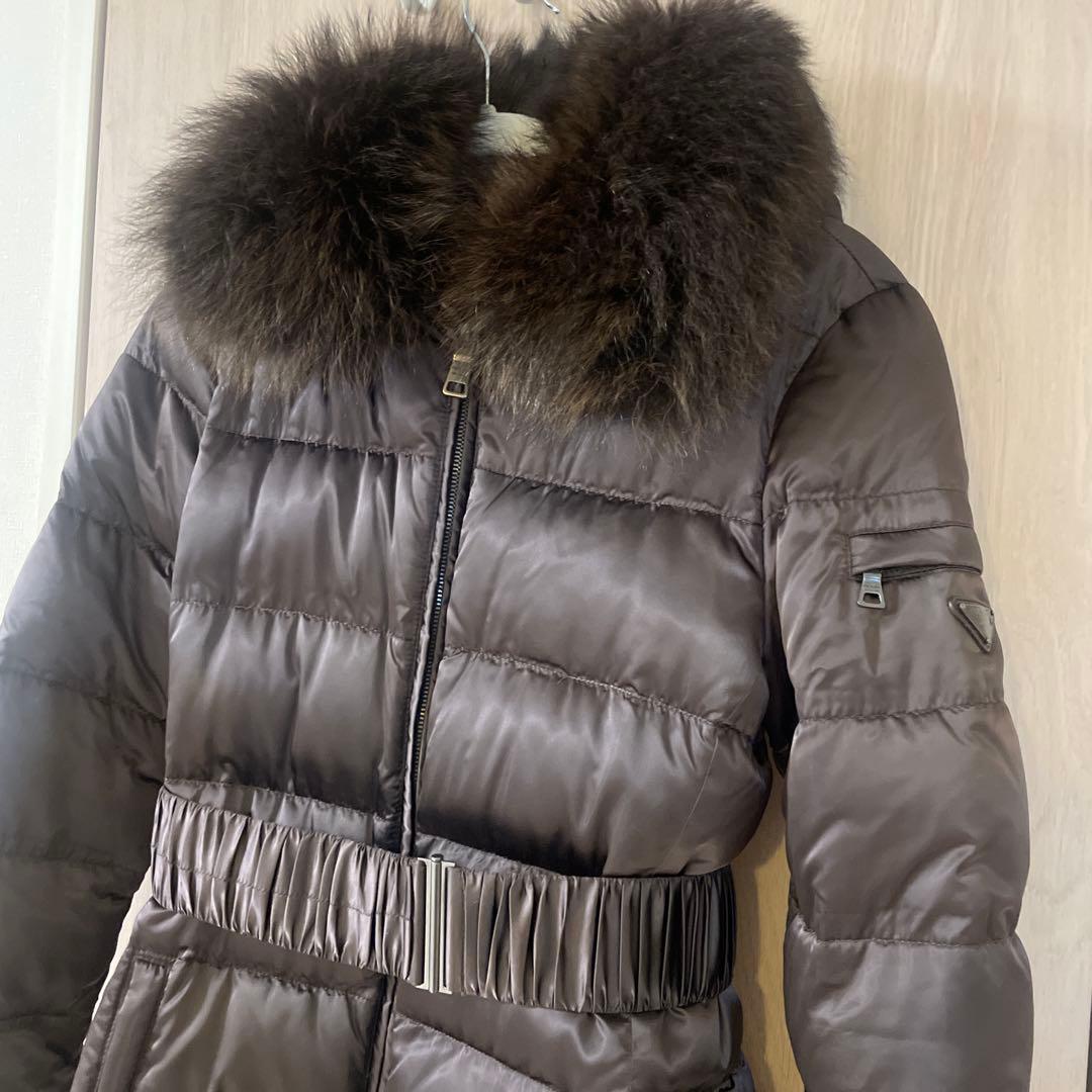 PRADA ダウンコート ロング ファー フード取外し　ベルト ダークブラウン