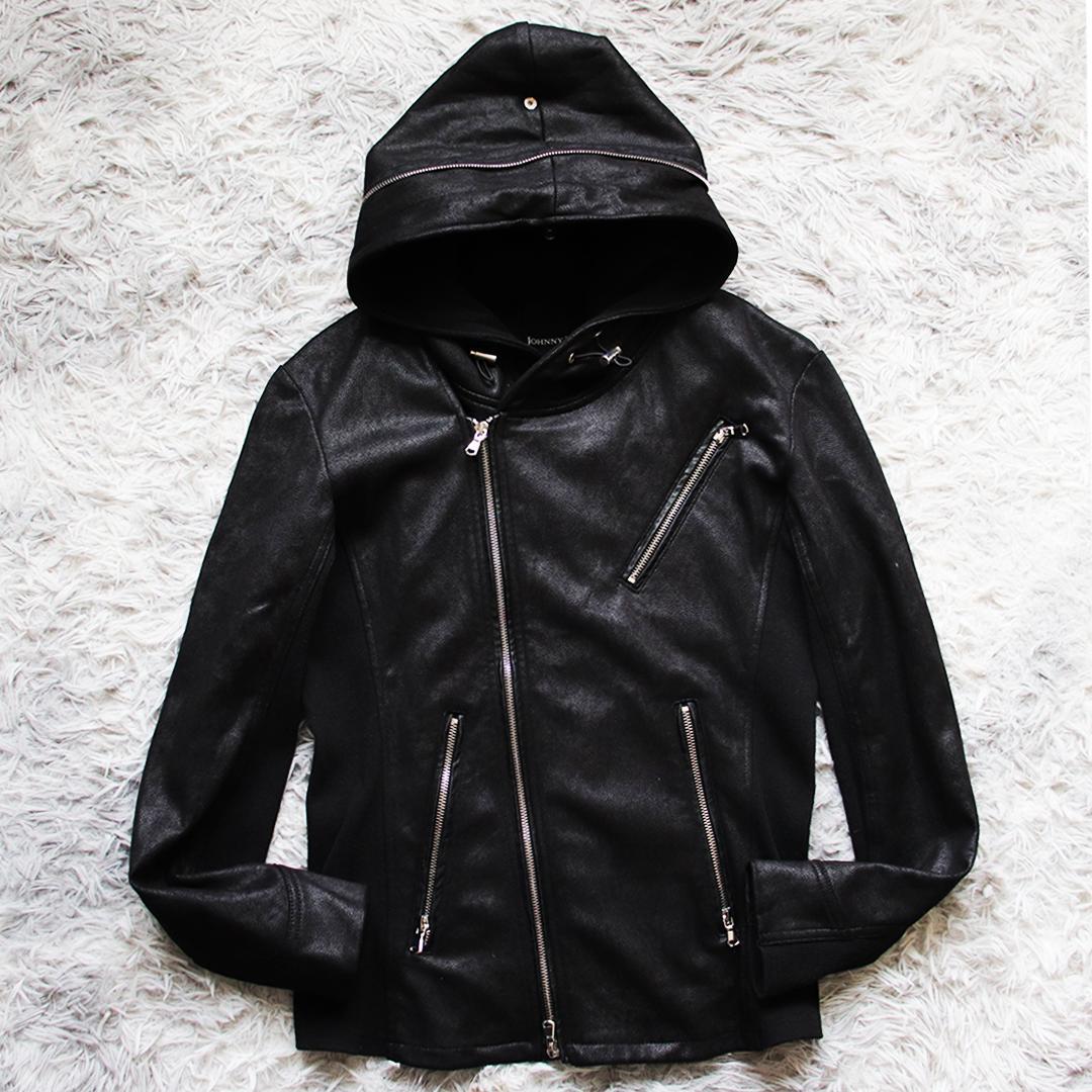 Y2K✨ジョニーウルフ フェイクレザーライダースパーカー ダブルジップ 切り替え