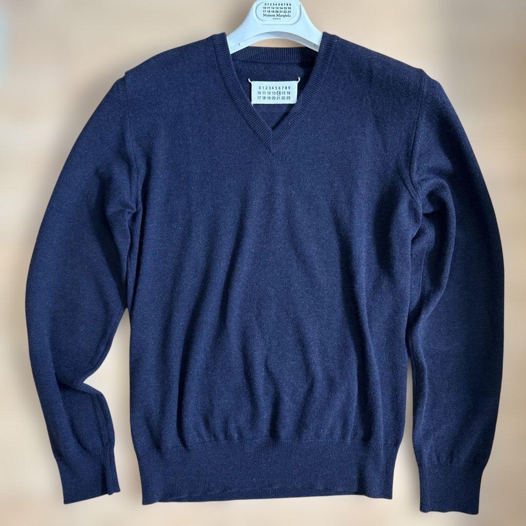極美品 メゾンマルジェラ ラムレザーエルボーパッチニット ネイビー S-M相当