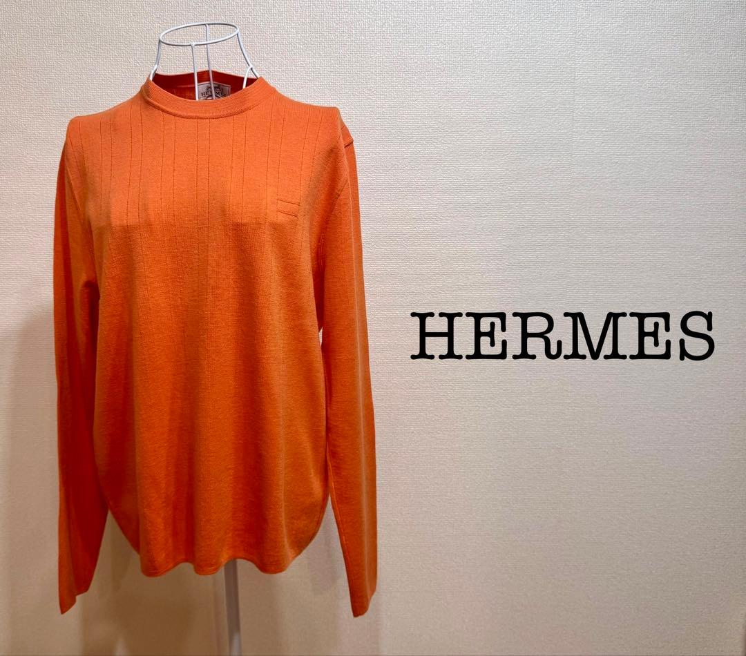 HERMES Hロゴ ニット Mサイズ メリノウール オレンジ イタリア製