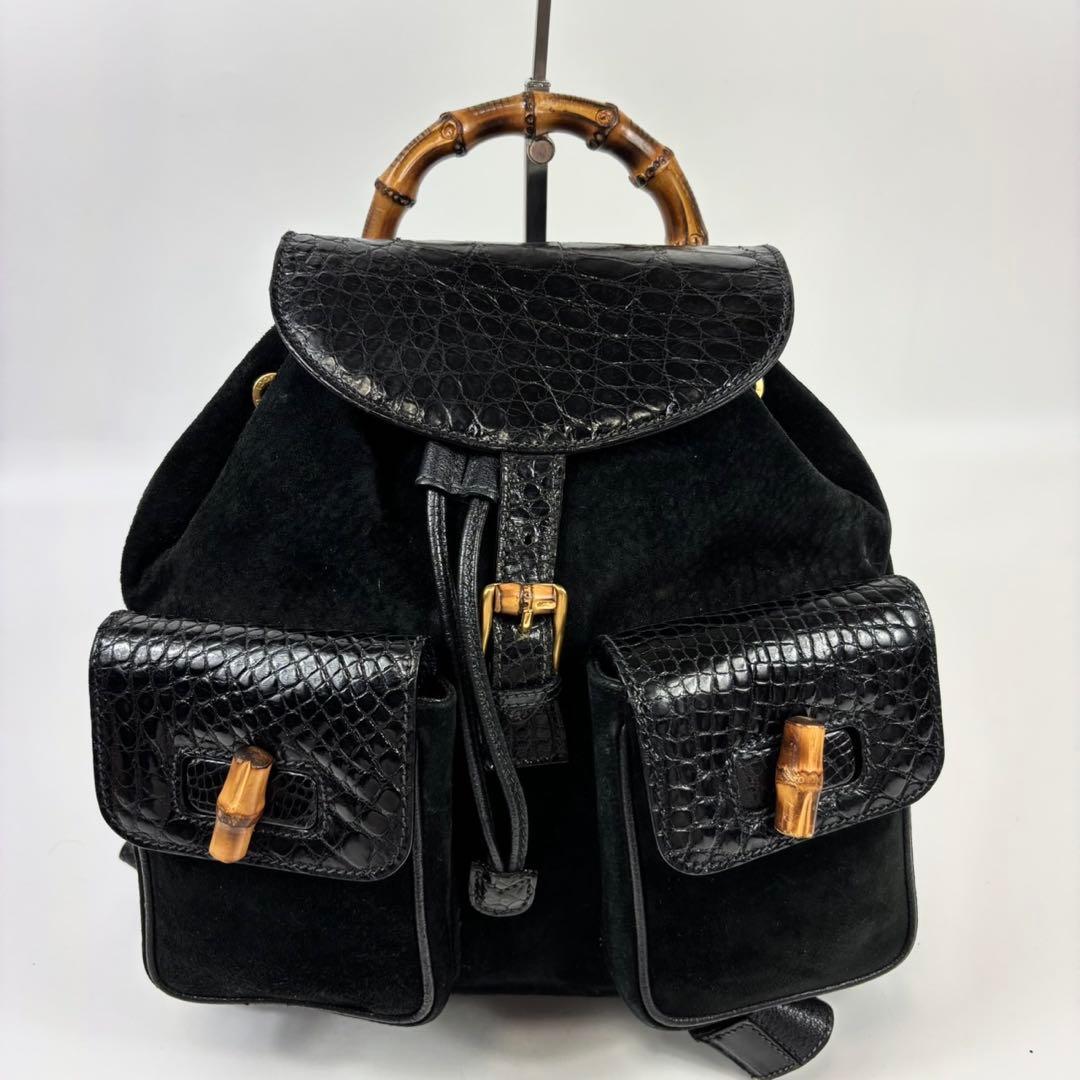 専用グッチ バンブー クロコ スエード リュック ターンロック 黒