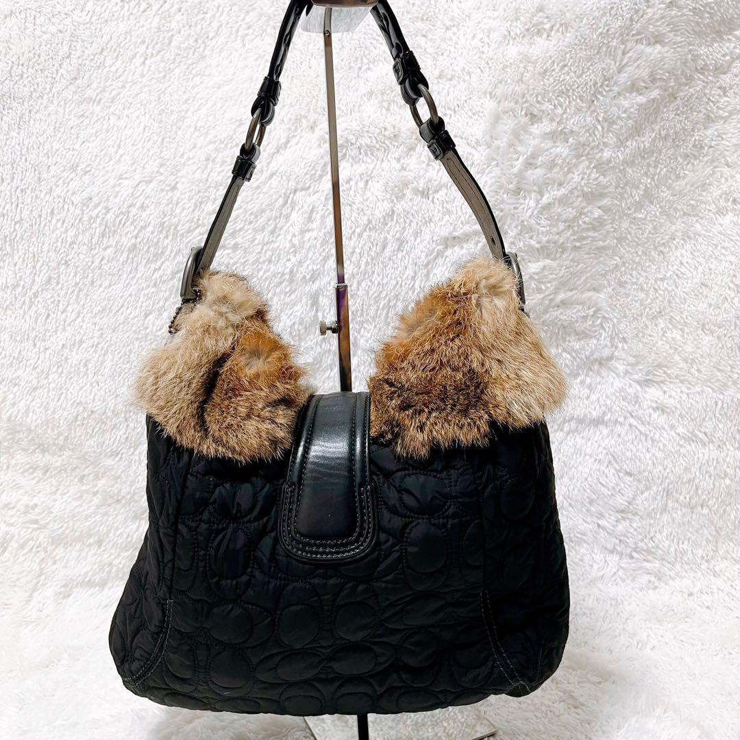 【ラビットファー】COACH レザー ハンドバッグ シグネチャー ナイロン 希少