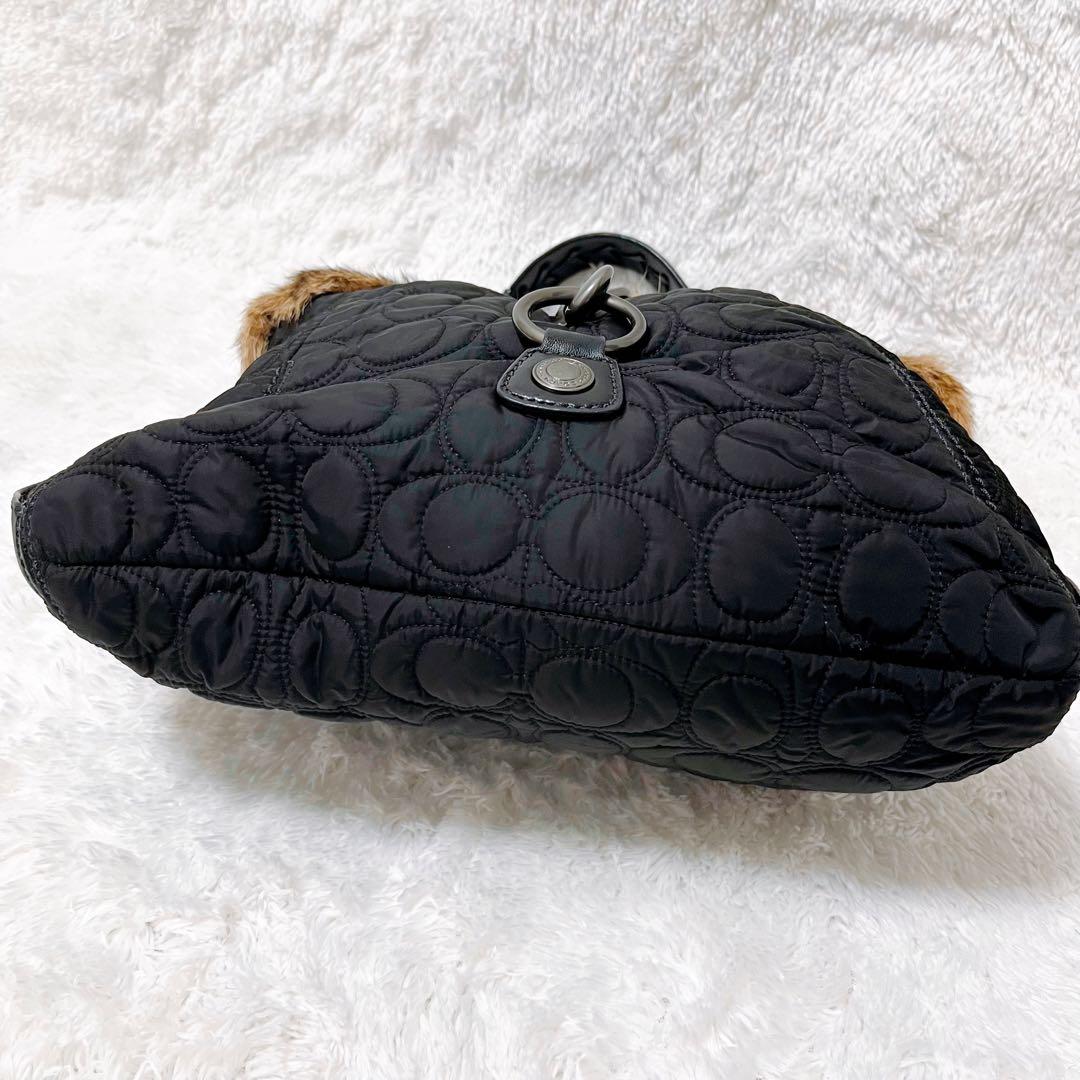 【ラビットファー】COACH レザー ハンドバッグ シグネチャー ナイロン 希少