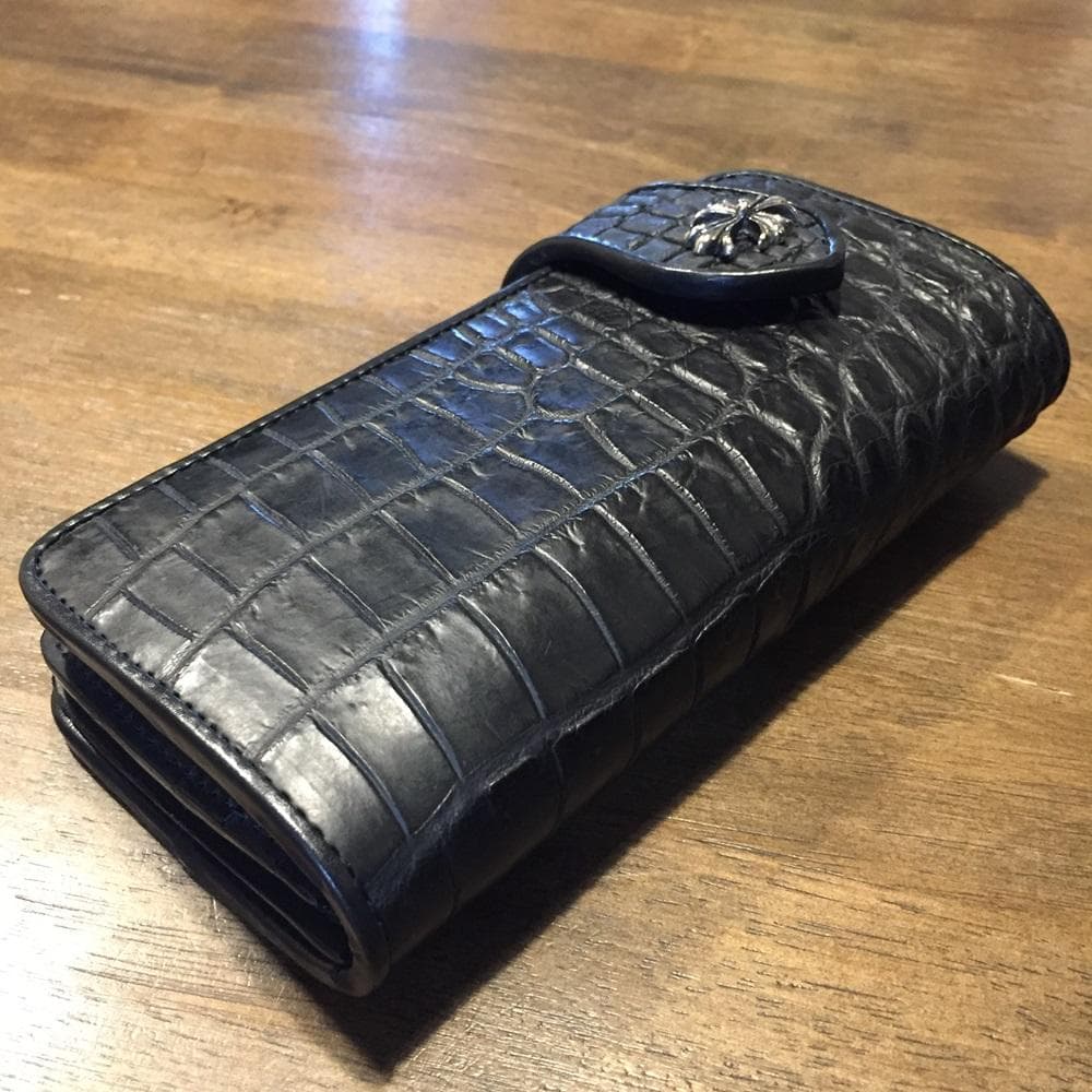 新品！高級‼クールなオールブラック！クロコダイル ワニ本革 バイカーズウォレット