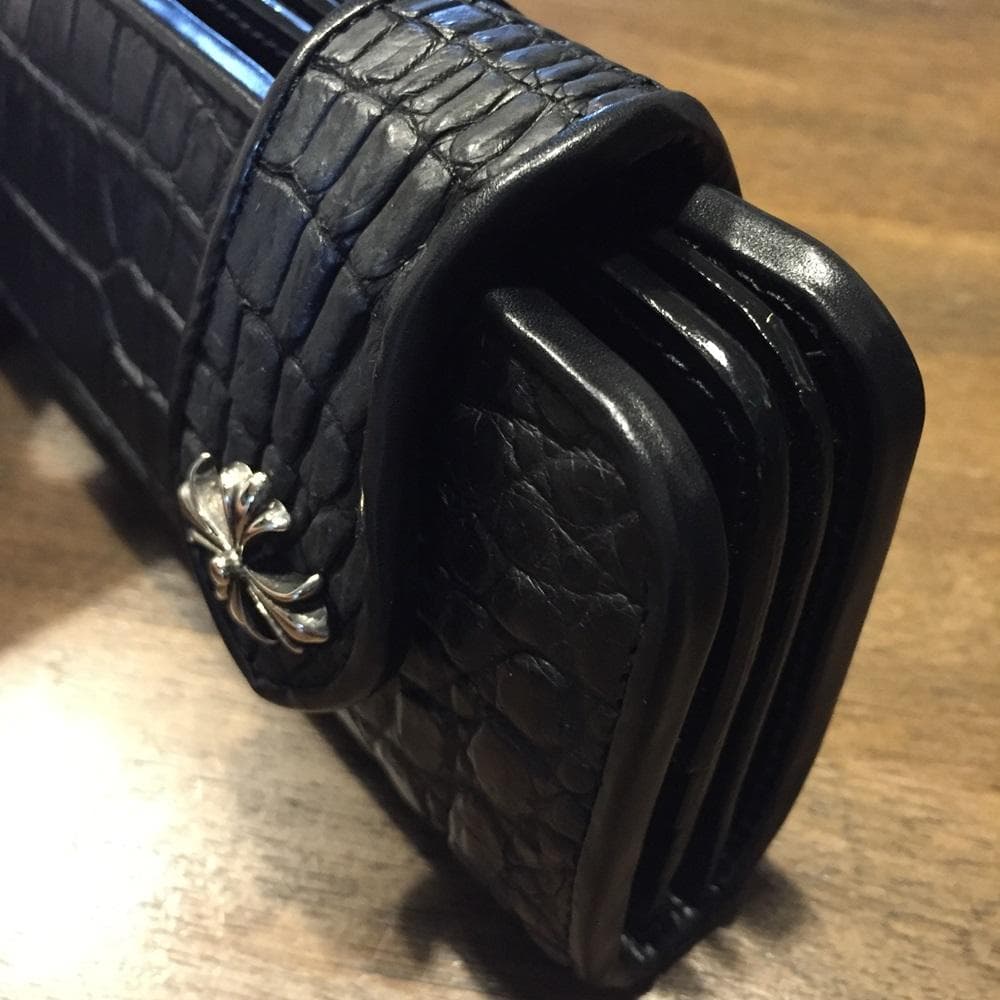 新品！高級‼クールなオールブラック！クロコダイル ワニ本革 バイカーズウォレット