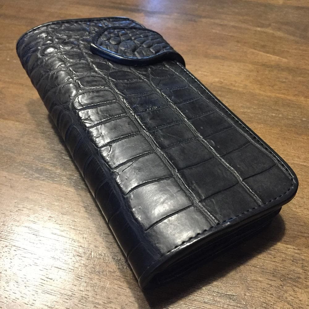 新品！高級‼クールなオールブラック！クロコダイル ワニ本革 バイカーズウォレット