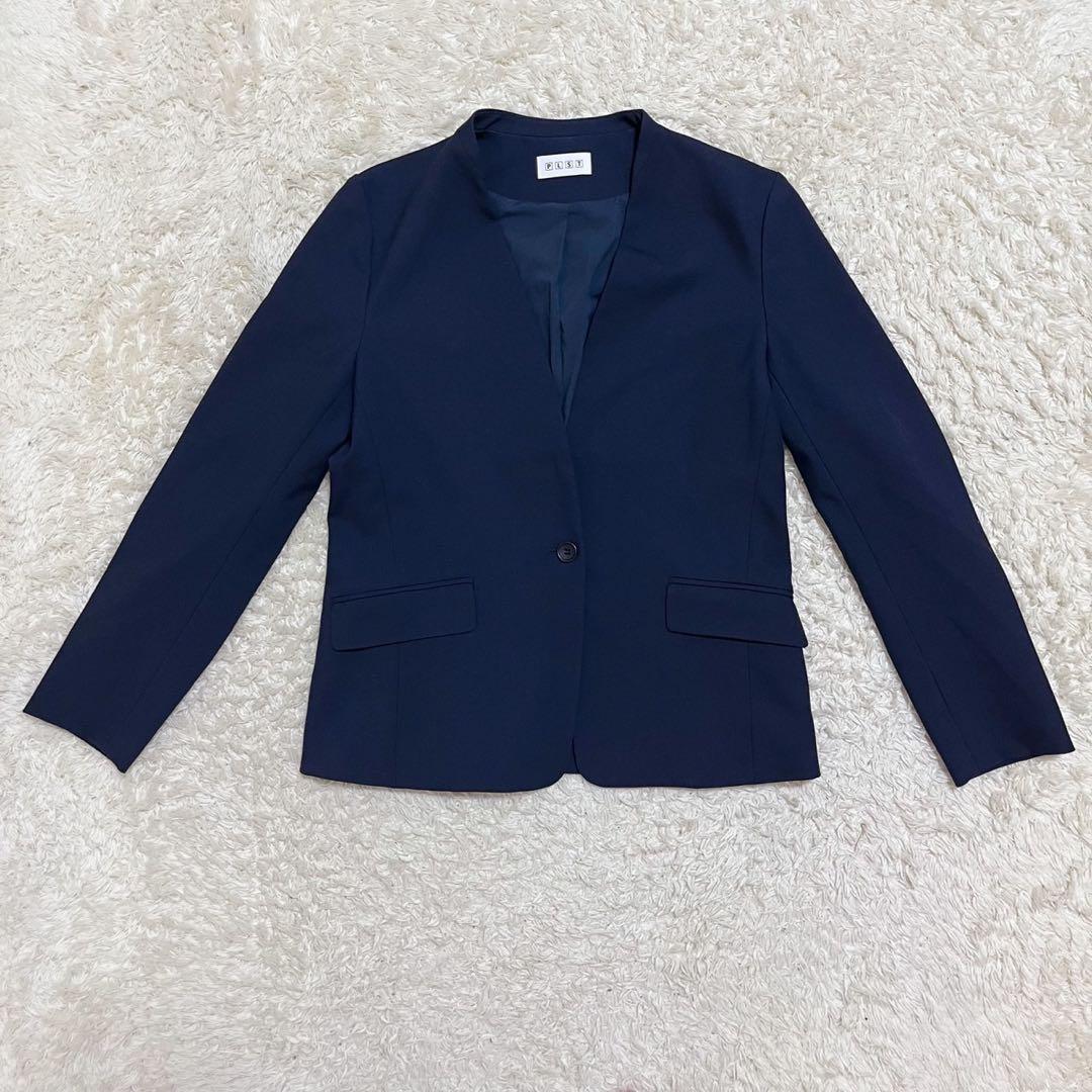 PLST　洗える　パンツスーツ　セットアップ　ノーカラージャケット　紺　M