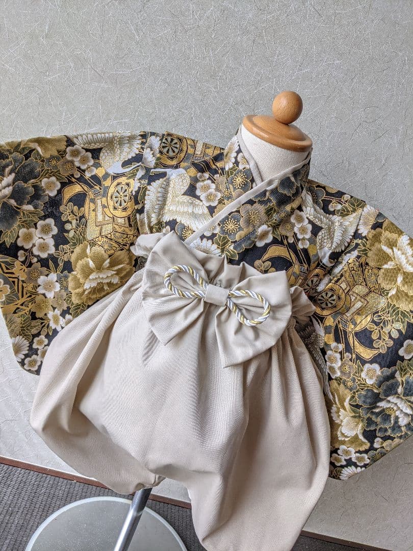 ベビー袴＆かぶれる兜　3ヶ月〜　鶴✕ベージュ