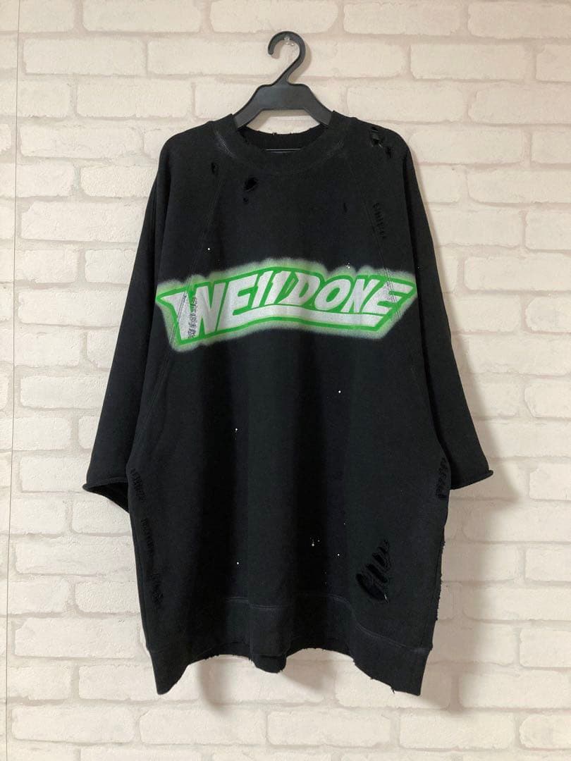 ウェルダン★ ダメージ加工　スウェット　トレーナー　半袖　ブラック　M