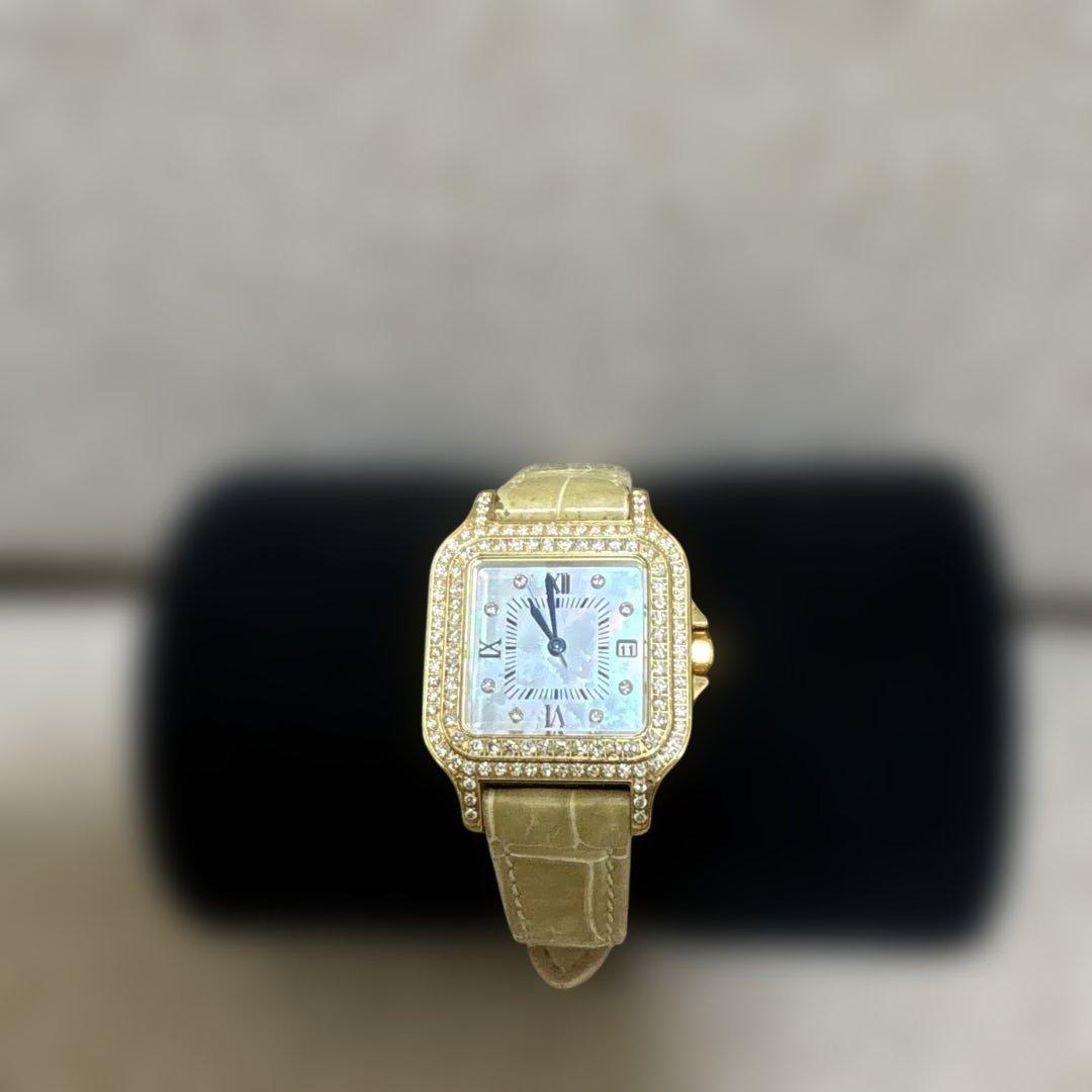 【週末お値下げ】ゴールド角型ダイヤモンド装飾時計　約1ctクロコダイルベルト