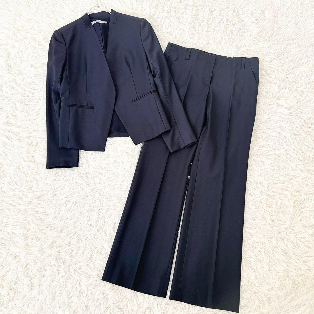 美品✨セオリーリュクス EXECUTIVE ノーカラー パンツスーツ 紺 M〜L