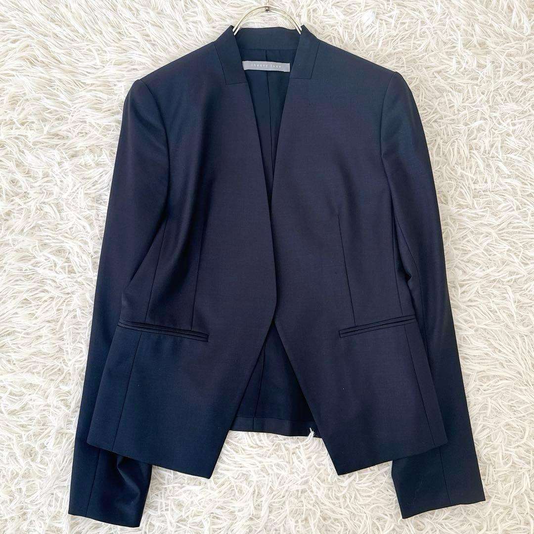 美品✨セオリーリュクス EXECUTIVE ノーカラー パンツスーツ 紺 M〜L