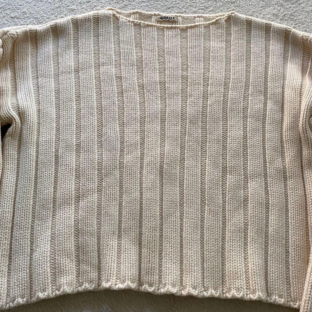 【希少】オーラリー ボートネック ウールワイドリブニット 肉厚 オフホワイト