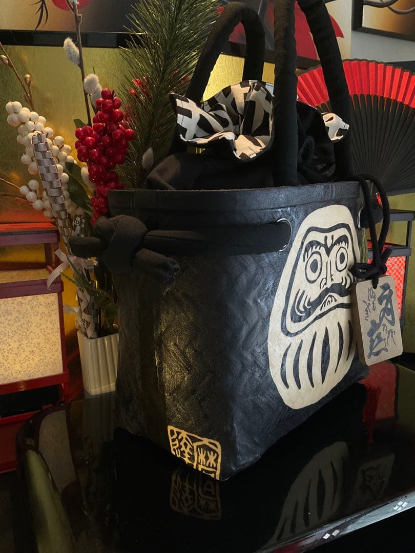 一閑張り　一閑張りバッグ　達磨　福達磨　和紙　大正　着物　縁起達磨　格子