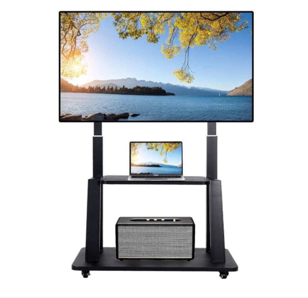 テレビスタンド 壁寄せ キャスター付き 自立式スタンド 双柱設計 2段棚付き