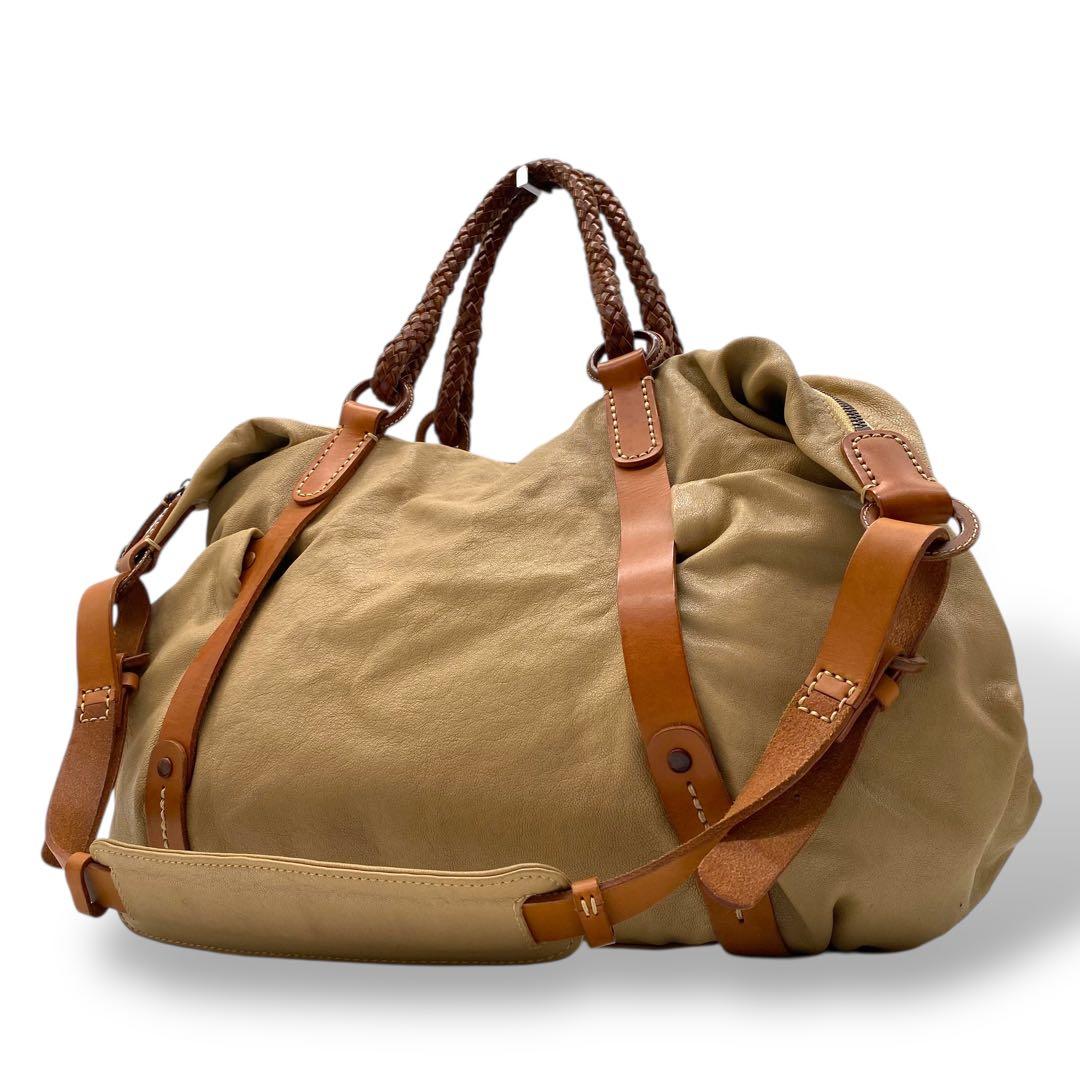 【良品】ゲンテン ボストンバッグ 2way キャンバス ヌメ革 ベージュ