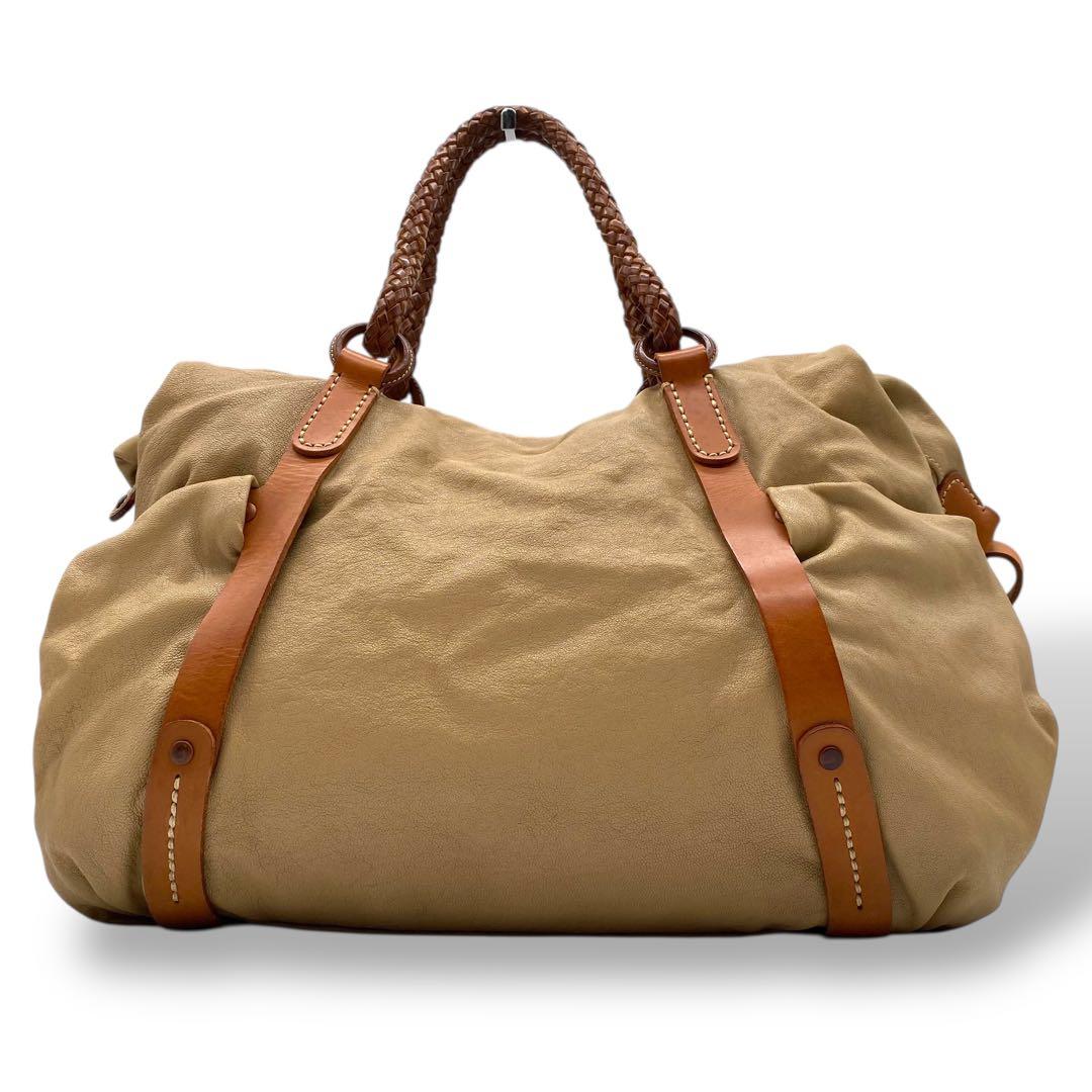 【良品】ゲンテン ボストンバッグ 2way キャンバス ヌメ革 ベージュ