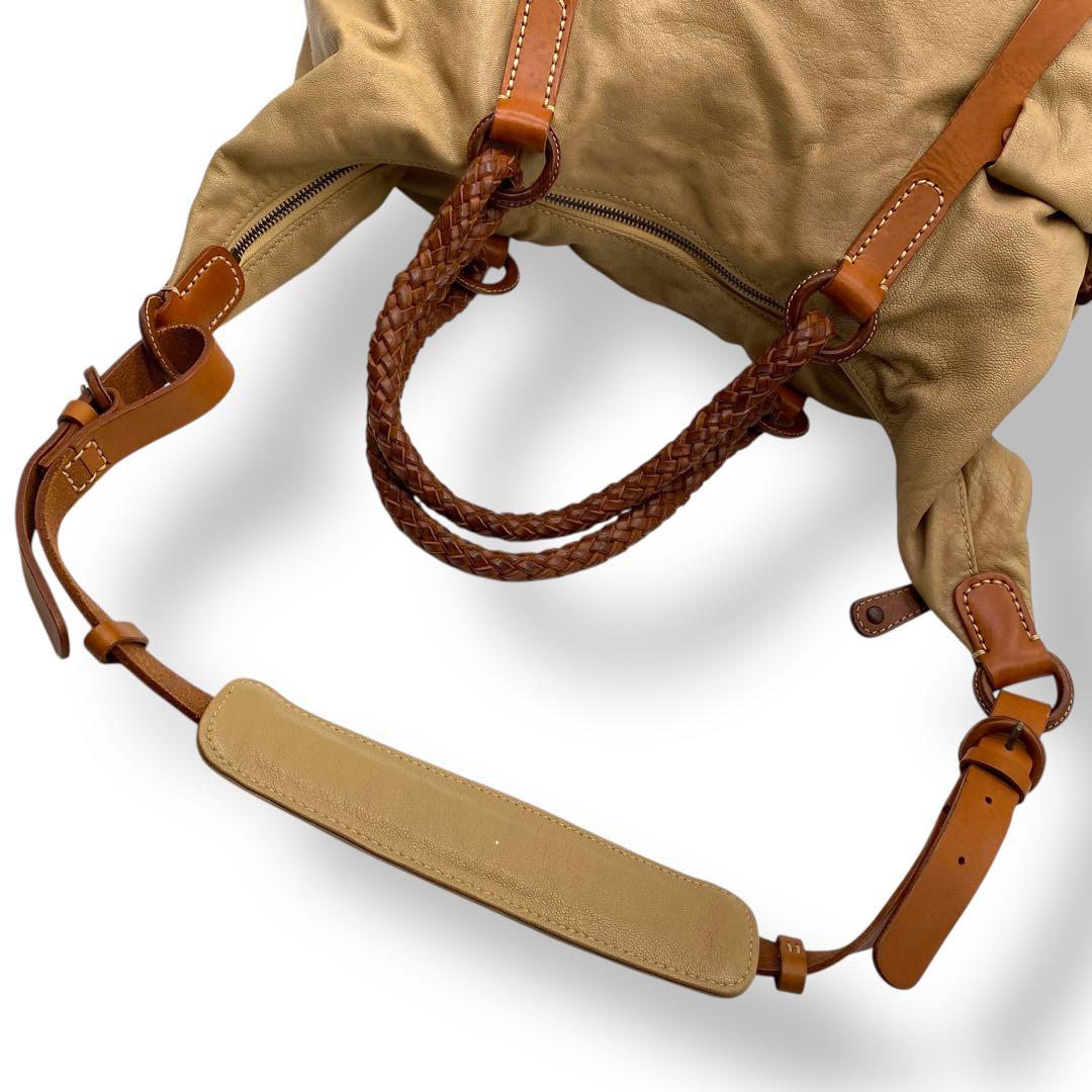 【良品】ゲンテン ボストンバッグ 2way キャンバス ヌメ革 ベージュ