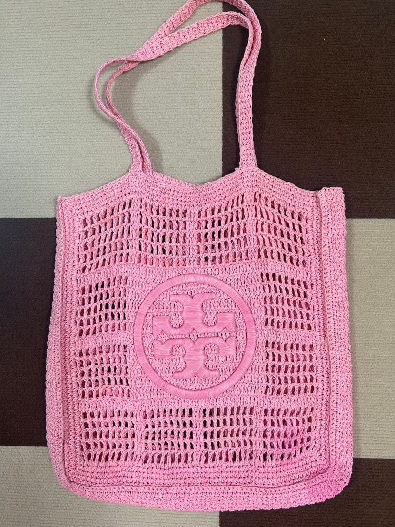 ピンク メッシュ編み トートバッグ ロゴ付き