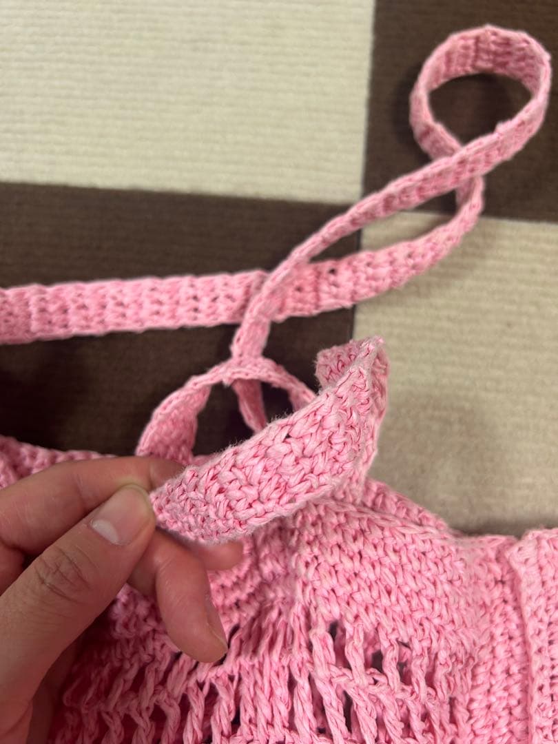 ピンク メッシュ編み トートバッグ ロゴ付き