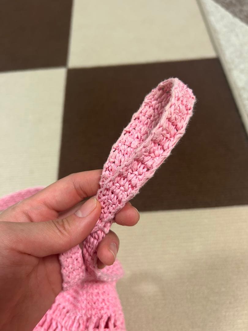 ピンク メッシュ編み トートバッグ ロゴ付き