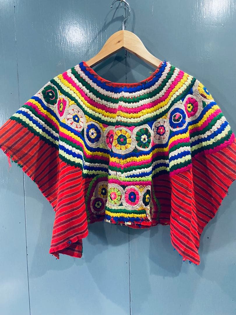 古着メキシコ刺繍グアテマラ民族衣装ウィピルポンチョ手刺繍ハンドメイド