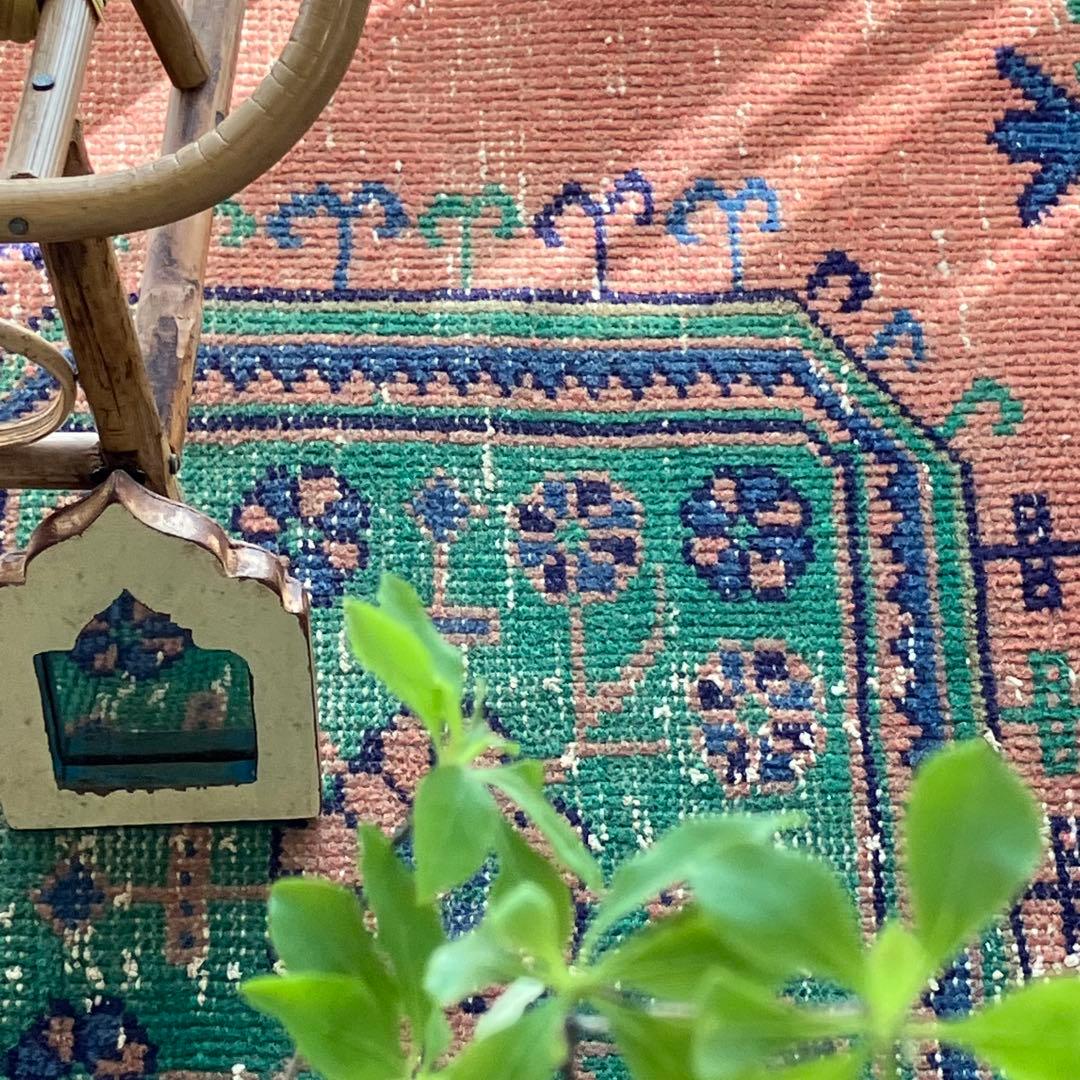 レア✳︎３m60 魔除デザイン84×360オレンジランナー　トルコヴィンテージラグ