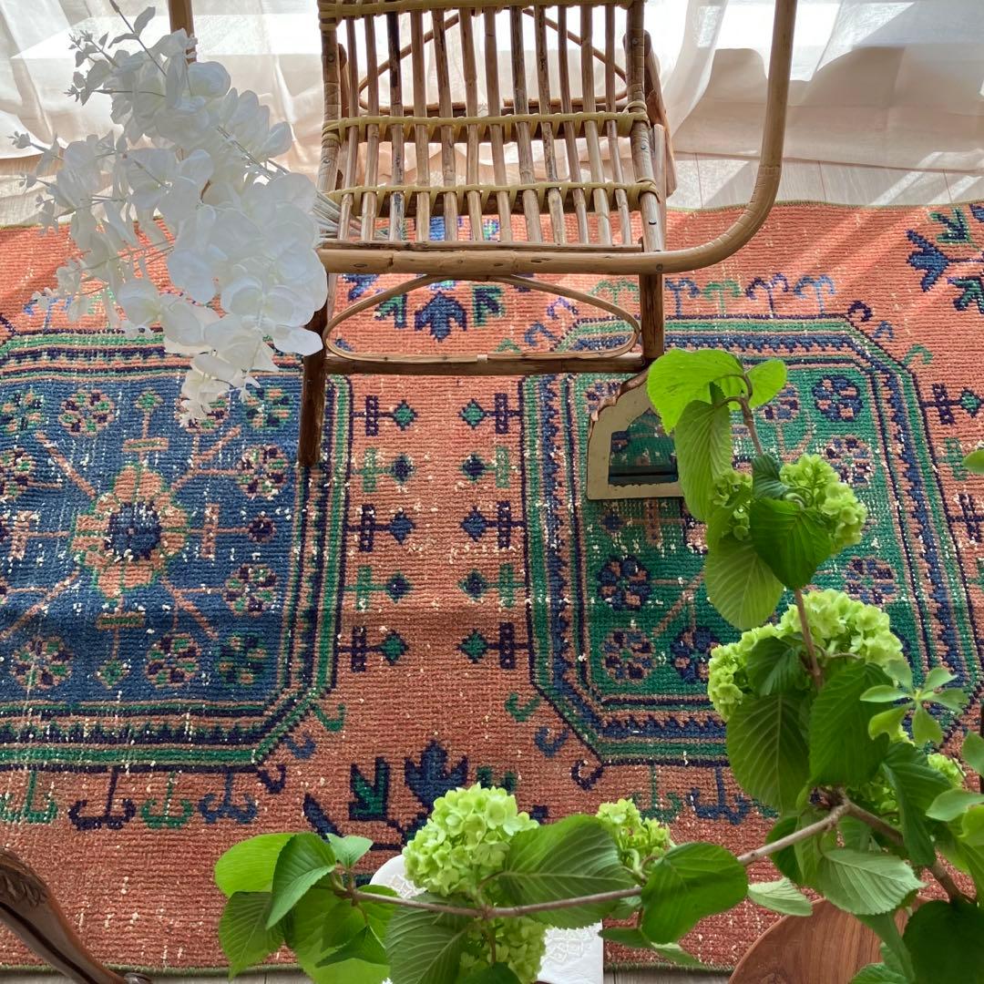 レア✳︎３m60 魔除デザイン84×360オレンジランナー　トルコヴィンテージラグ