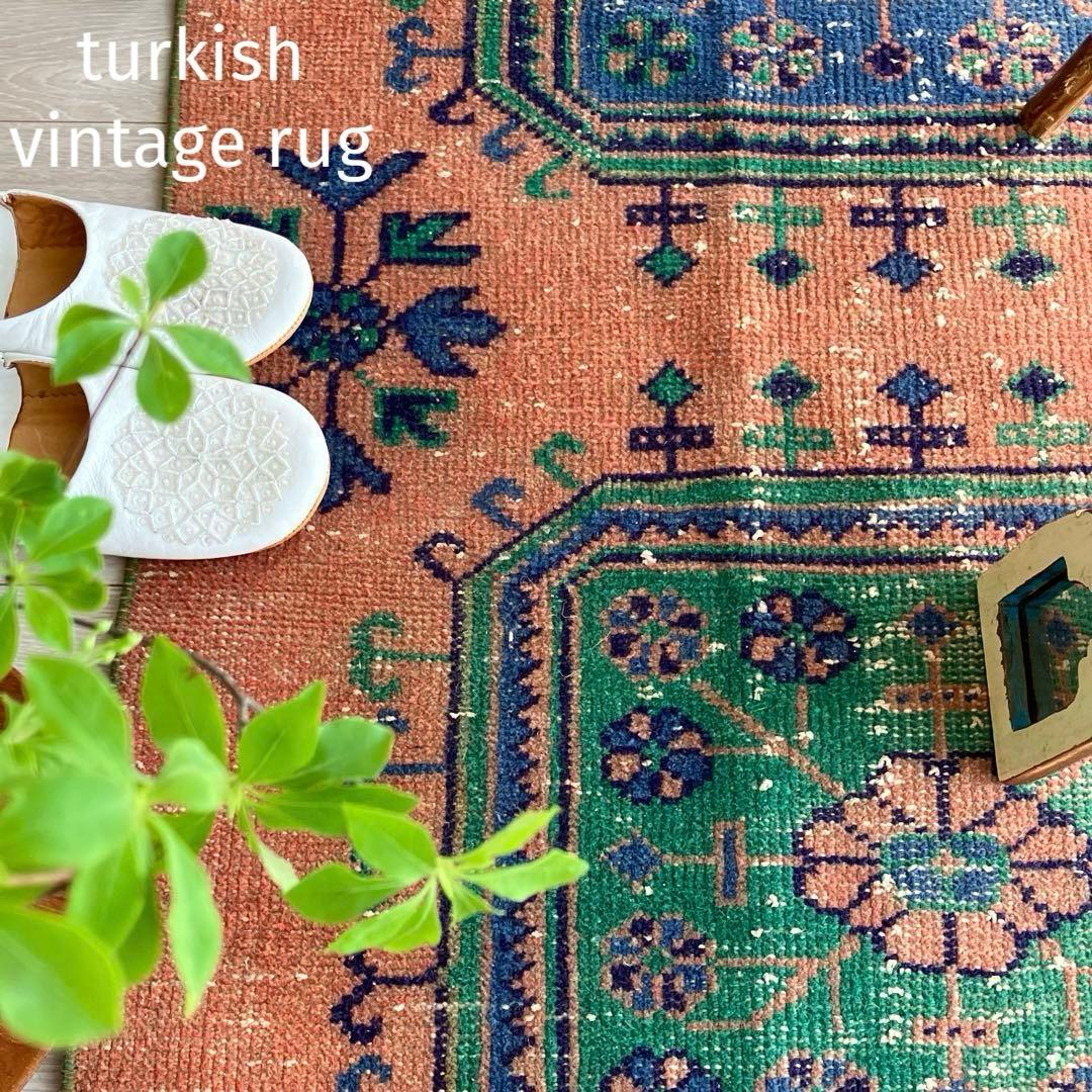 レア✳︎３m60 魔除デザイン84×360オレンジランナー　トルコヴィンテージラグ