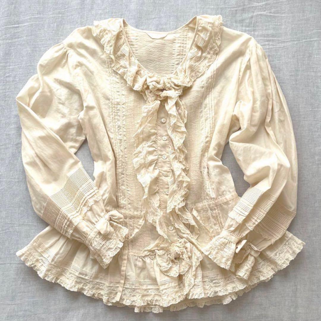 【美品】ピンクハウス　オーバーブラウス　フリル　リボン　オフホワイト