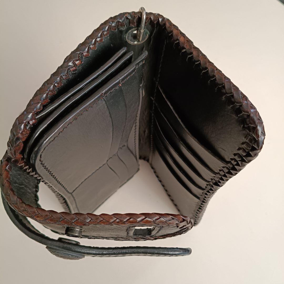 レザー バイカーズウォレット 編み込み 長財布