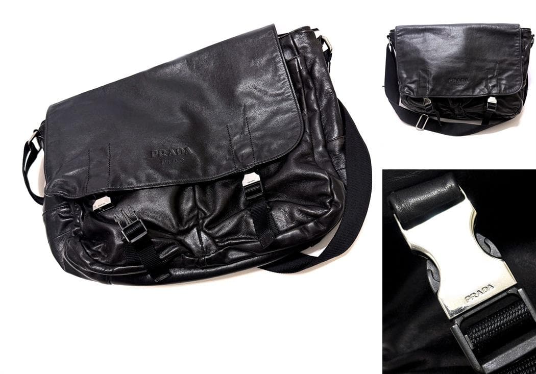 プラダ　レザー　メッセンジャー ショルダー バッグ　ハイエンド　定価35万　ロゴ